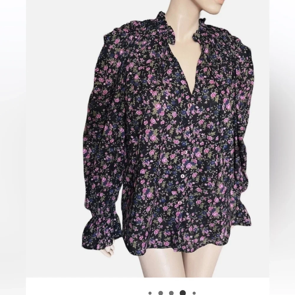 Free People Black Puff Sleeve Blouse with Ruffled Tie Front